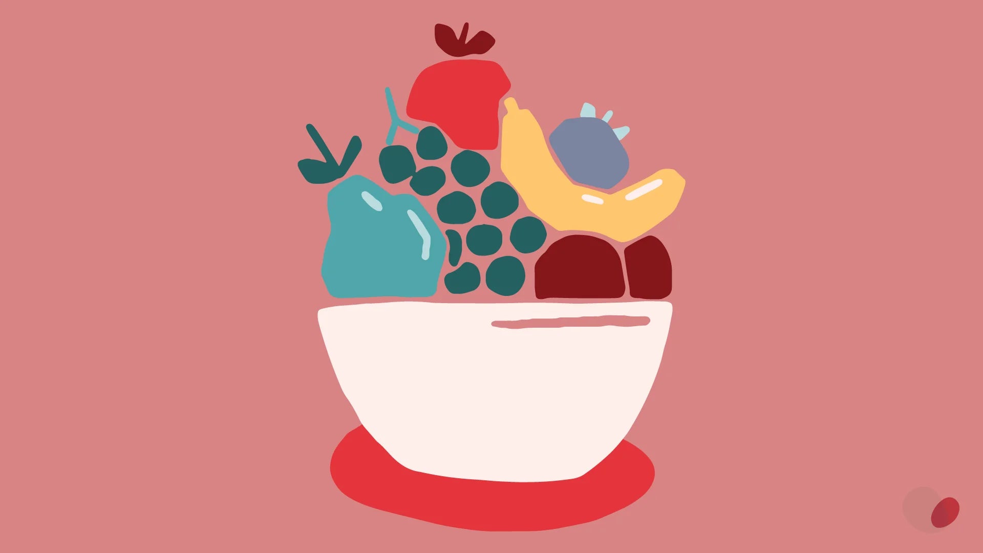 a fruit bowl containing a pear, banana, apple, peach, mangosteen, and grapes