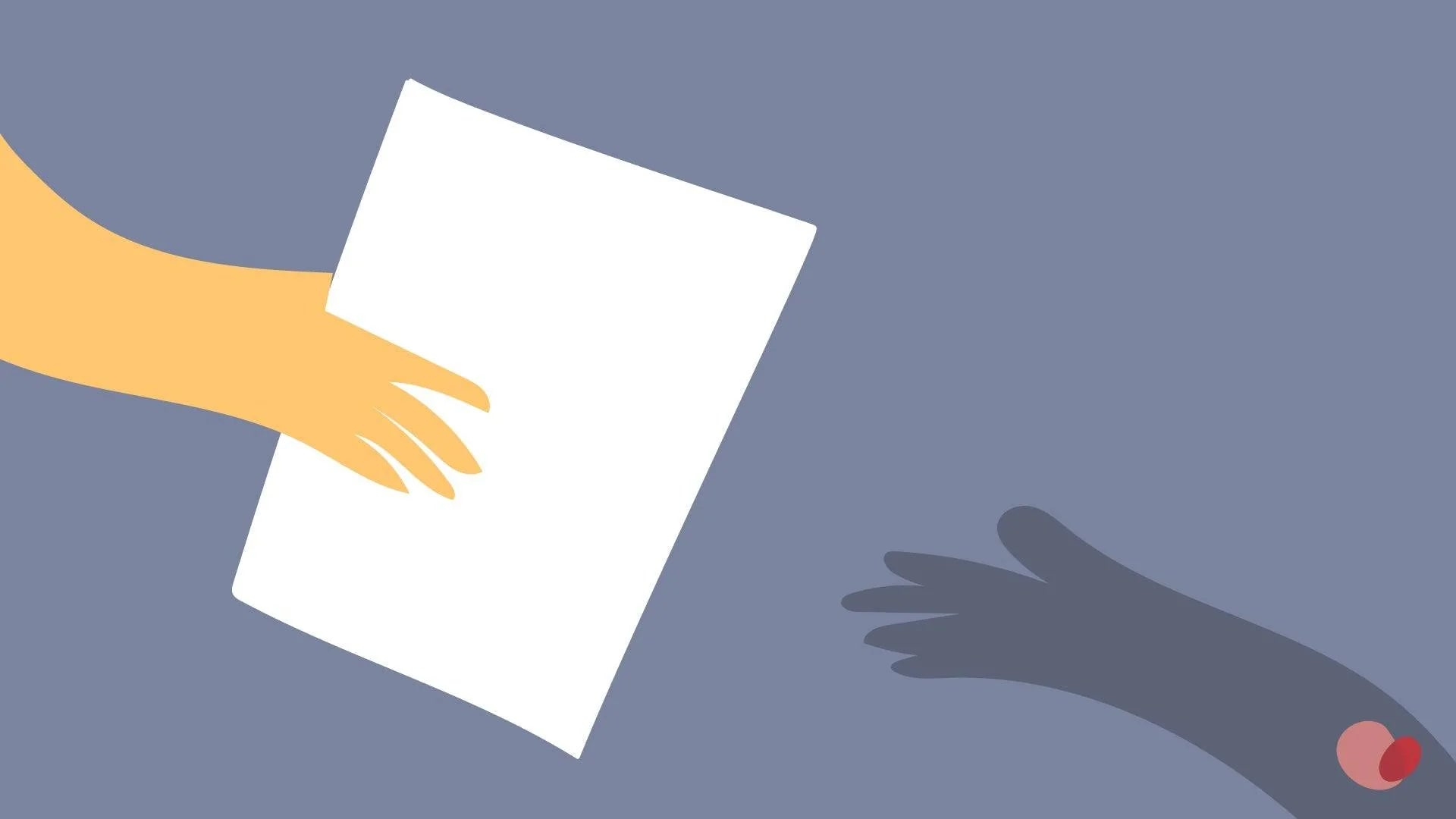 a hand passes a white sheet of paper to another hand